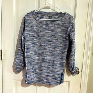 Blue, black and white shirt, unique sleeve bottoms, bottom shirt has 3 buttons